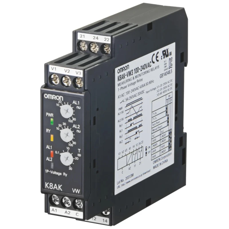 Omron Monitoring Relay, 1 Phase, SPDT Contact Configuration, DIN Rail Mount, 24V AC/DC Supply, 5A K8AK-VW2 100-240VAC