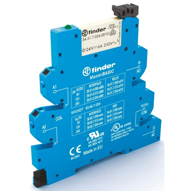 Finder 39 Series Electromechanical Interface Relay DIN Rail Mount 110V AC/DC Coil SPDT Contact 6A 5.6mA 39.01.0.125.0060