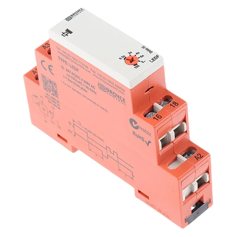 Broyce Control LEDF Series DIN Rail Timer Relay, 1-Contact, 24 V dc 230 V ac, 24 V ac, 0.5 LEDF 24VAC/DC/230VAC. 0.5-10 Sec