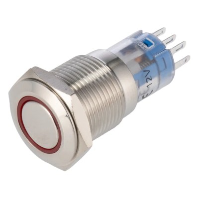 Bulgin Illuminated Push Button Switch, Latching, Panel Mount, 16.2 mm Cutout, DPDT Contact, Red LED, 250 V AC MP0045
