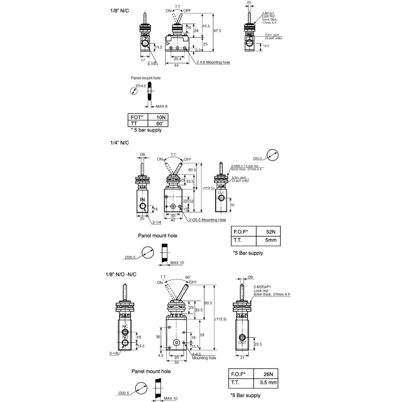SMC Toggle Lever Mechanical Pneumatic Valve , VM400 Series, Rc 1/8, 3/2 Function, Aluminium Alloy Body, 1 MPa, 338.77 NL/min