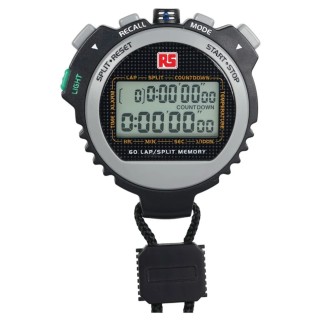 RS PRO Black Digital Stopwatch, 9h 59min 59.99s Maximum Time, Back Light, Battery Powered 891-9889
