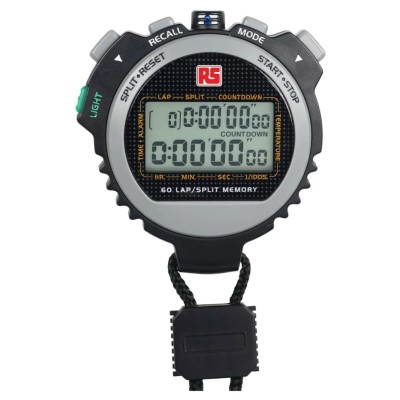 RS PRO Black Digital Stopwatch, 9h 59min 59.99s Maximum Time, Back Light, Battery Powered 891-9889