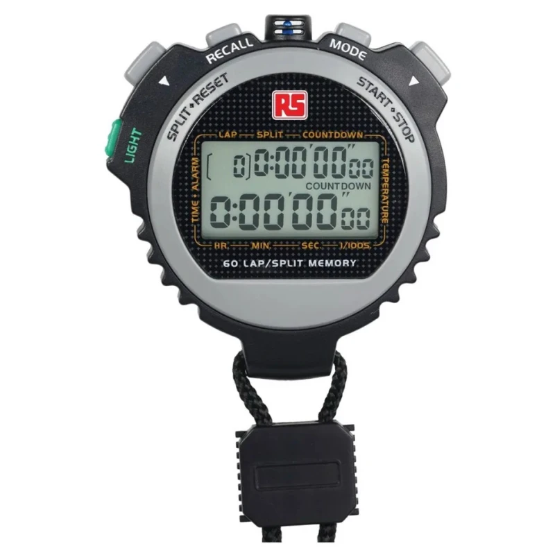 RS PRO Black Digital Stopwatch, 9h 59min 59.99s Maximum Time, Back Light, Battery Powered 891-9889