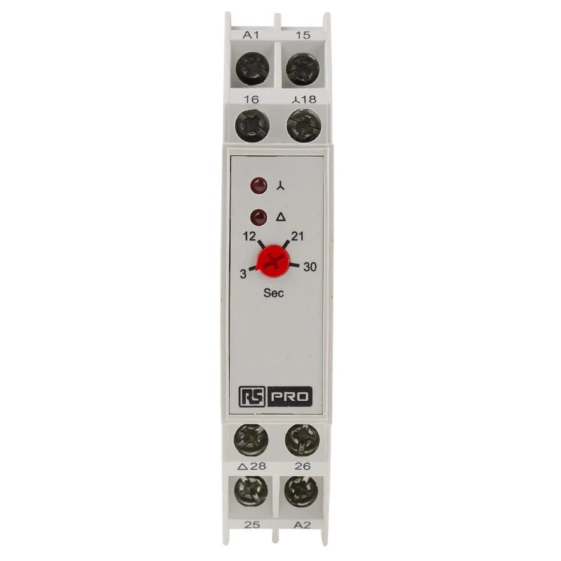 RS PRO DIN Rail Timer Relay 2-Contact, 24 V DC, 240 V AC, 415 V AC, 3 to 120 s Time Range, 1-Function, 2SPNO Switch 896-6832