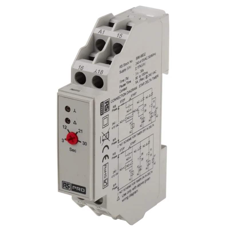 RS PRO DIN Rail Timer Relay 2-Contact, 24 V DC, 240 V AC, 415 V AC, 3 to 120 s Time Range, 1-Function, 2SPNO Switch 896-6832