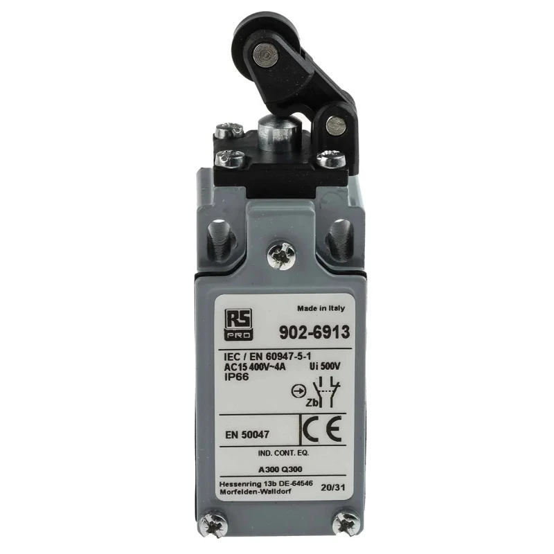 RS PRO Roller Lever Limit Switch 1 NO/1 NC Snap Action Zinc Alloy Housing IP66 400V AC 10A IP66
