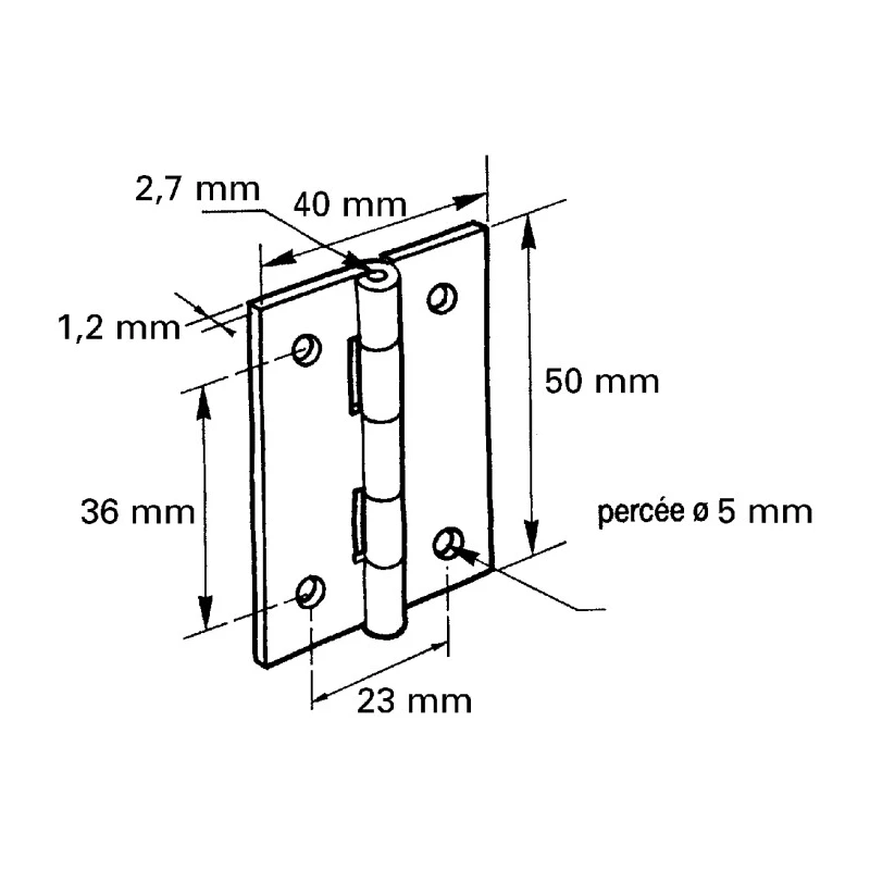 Pinet Stainless Steel Butt Hinge with Barrel Pin, Screw Fixing, 50 mm x 40 mm x 1.2 mm 52-1-3592