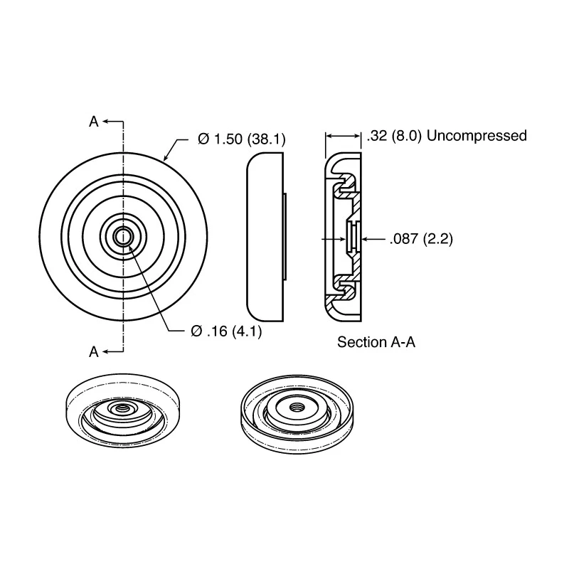 Essentra Round Anti-Vibration Mount, 38.1 mm OD, 8 mm Height Thermoplastic Elastomer Screw Mount SVF-1