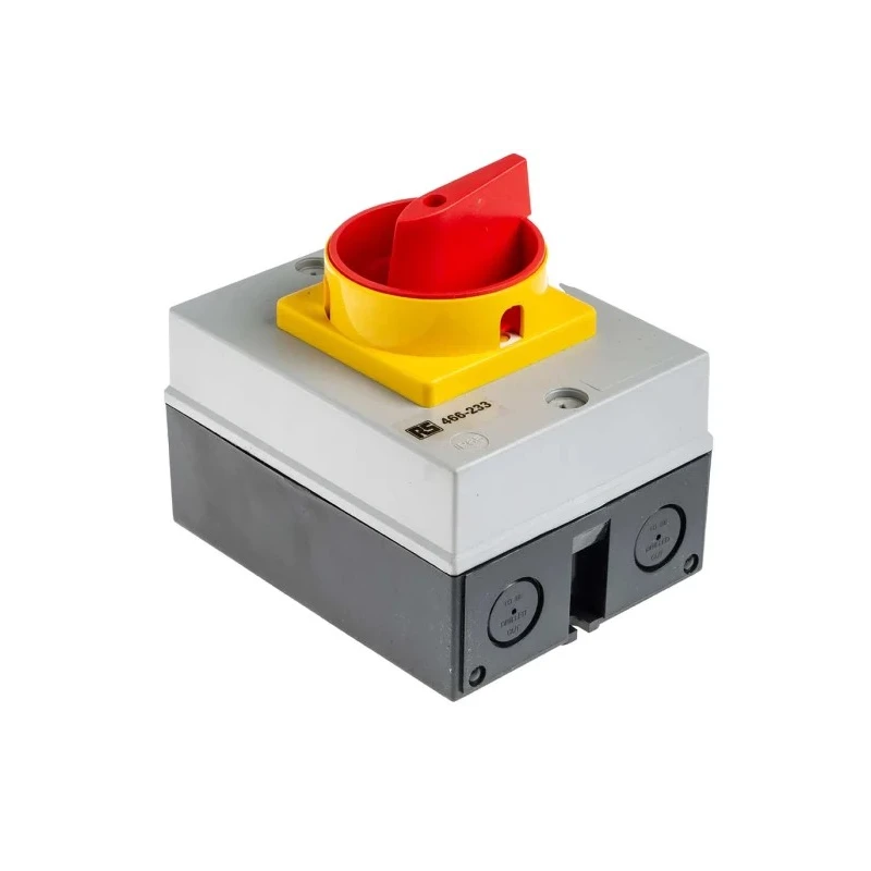 RS PRO 4-Pole DIN Rail Isolator Switch IP65, 25A, 11 kW, 3-Phase, Red Handle, DIN Rail Mount IP65 IP Rating IP65