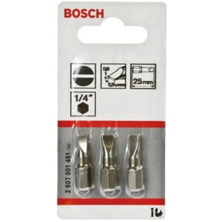 Bosch Slotted Screwdriver Bit Set 3-Piece, 1/4 in Drive Size, 5.5 mm Blade Width, 25 mm Overall Length 2607001461