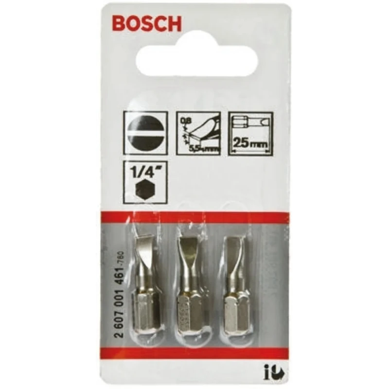 Bosch Slotted Screwdriver Bit Set 3-Piece, 1/4 in Drive Size, 5.5 mm Blade Width, 25 mm Overall Length 2607001461