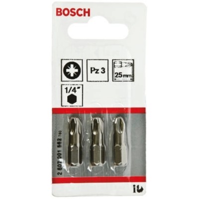 Bosch Screwdriver Bit Set, PZ3 Tip, 1/4 in Hex Drive, 25 mm Length, 3-Piece 2607001562