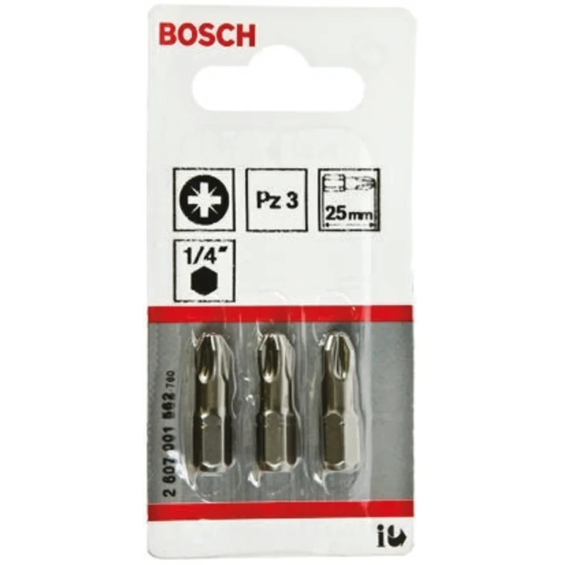 Bosch Screwdriver Bit Set, PZ3 Tip, 1/4 in Hex Drive, 25 mm Length, 3-Piece 2607001562