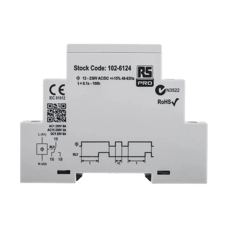 RS PRO DIN Rail Timer Relay 1-Contact, SPDT, 230 V dc 12 V ac, 230 V ac, 0.1 s to 100 h ON Delay 102-6124