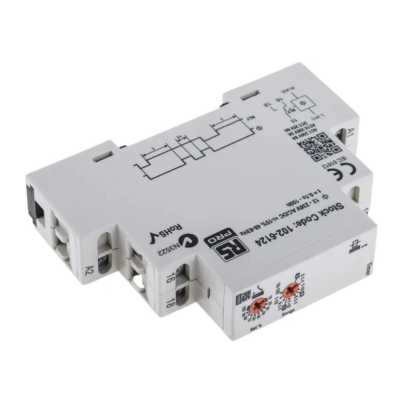 RS PRO DIN Rail Timer Relay 1-Contact, SPDT, 230 V dc 12 V ac, 230 V ac, 0.1 s to 100 h ON Delay 102-6124