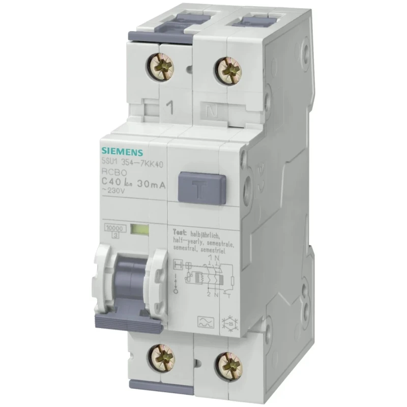 Siemens Residual Current Circuit Breaker with Overload Protection 10A 2-Pole 30mA Trip Sensitivity 5SU1354-7KK10