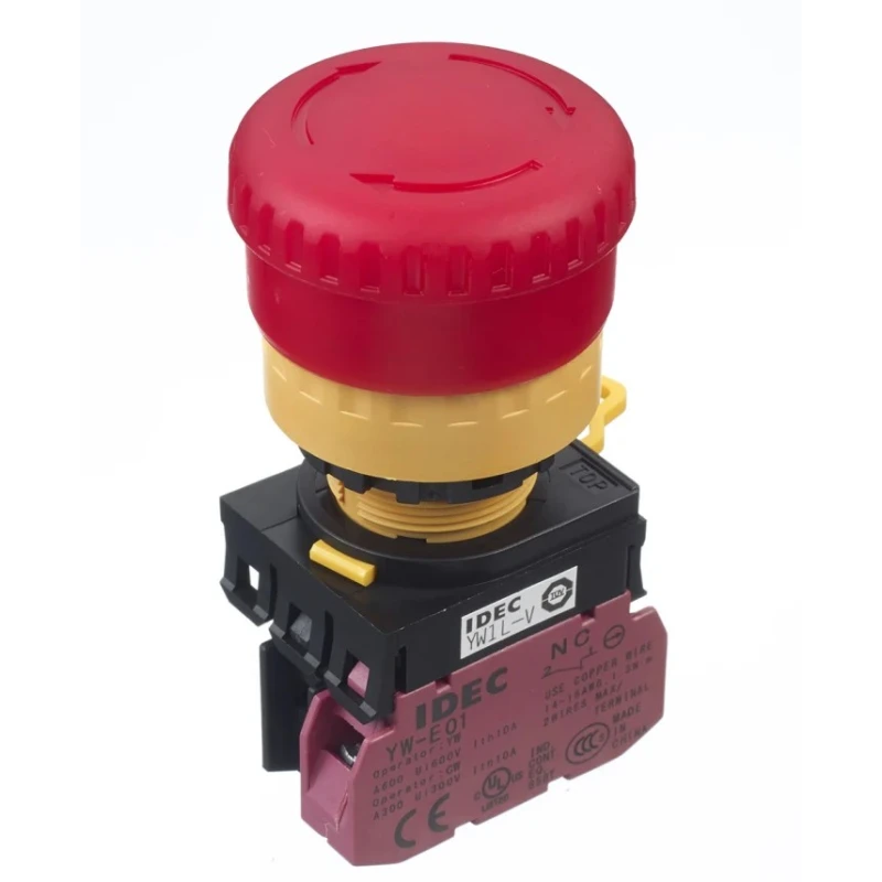 Idec Twist Release Illuminated Emergency Stop Push Button Panel Mount 22 mm Cutout 1 NC IP65 YW1L-V4E01Q4R