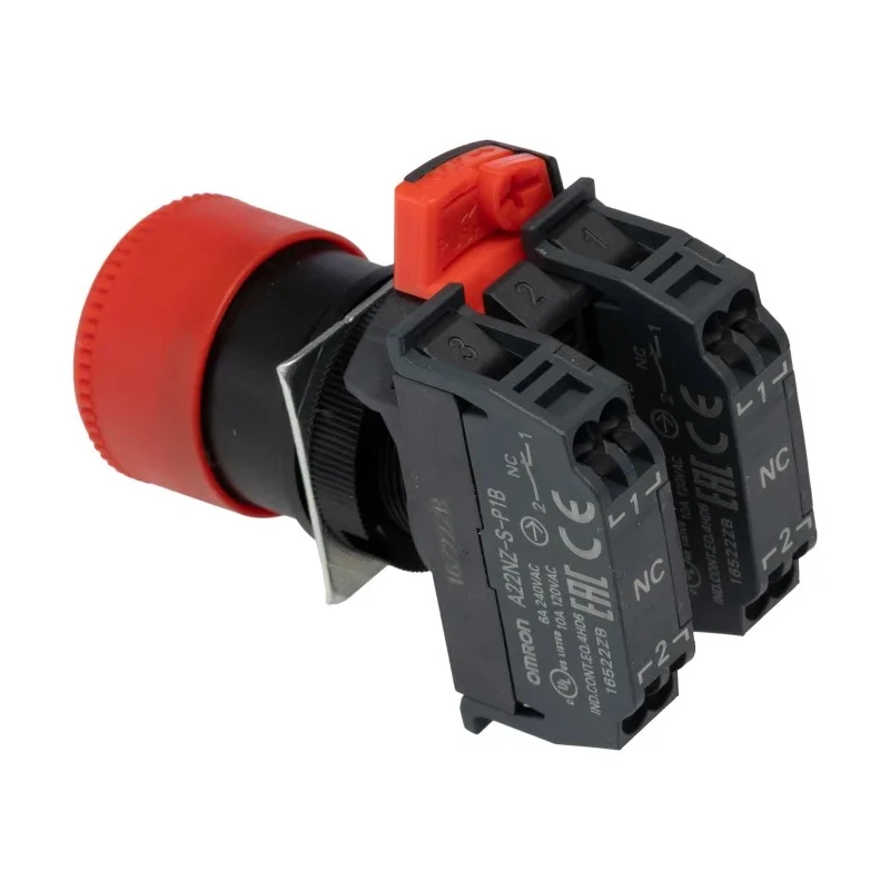 Omron Emergency Stop Push Button Panel Mount 22 mm Cutout 2 NC Contacts IP65 Red Head A22NE-P
