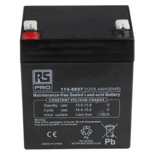 RS PRO 12 V T1 Sealed Lead Acid Battery 5.4 Ah AGM Construction 70mm x 70mm 174-8857