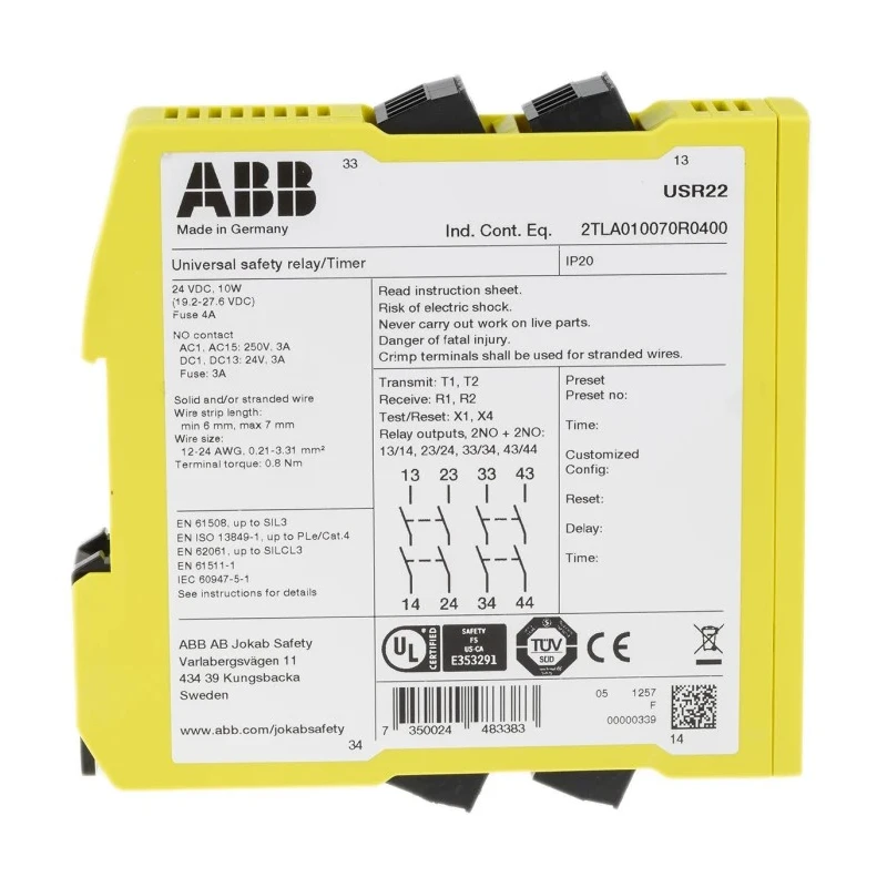 ABB Jokab 24V DC Safety Relay 4 Safety Contacts Multi-Reset Screw Terminal USR22