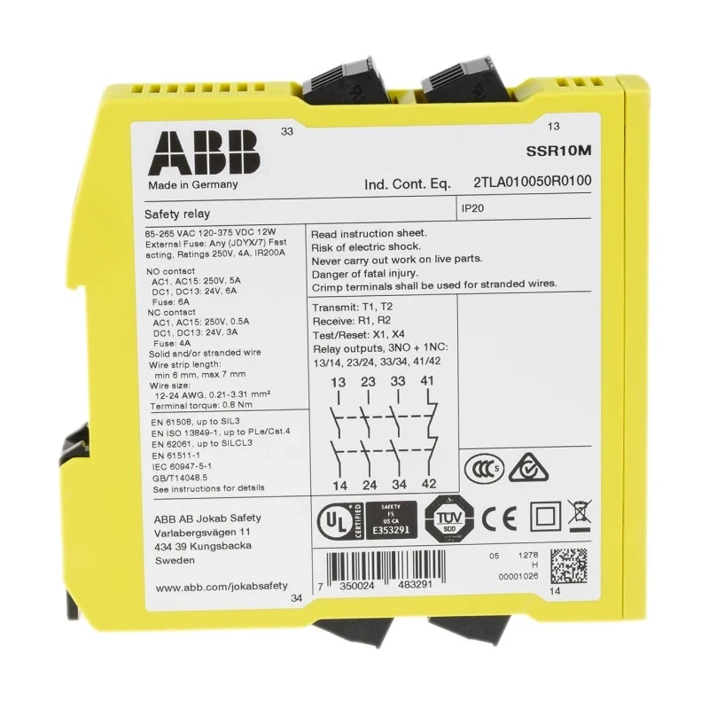 ABB Jokab 375V DC Safety Relay with 4 Safety Contacts and 3 NO/1 NC Contact Configuration SSR10M