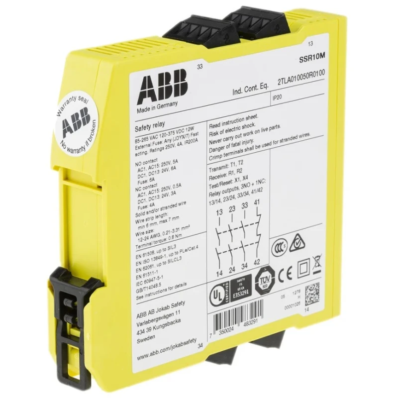ABB Jokab 375V DC Safety Relay with 4 Safety Contacts and 3 NO/1 NC Contact Configuration SSR10M