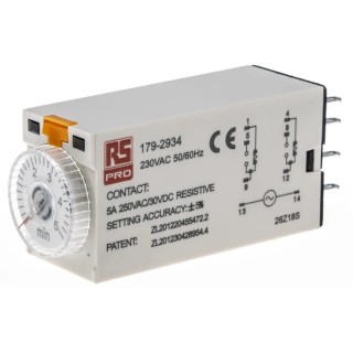 RS PRO Timer Relay 2-Contact DPDT Switch Configuration 230V AC 0.2 to 5 min ON Delay 179-2934