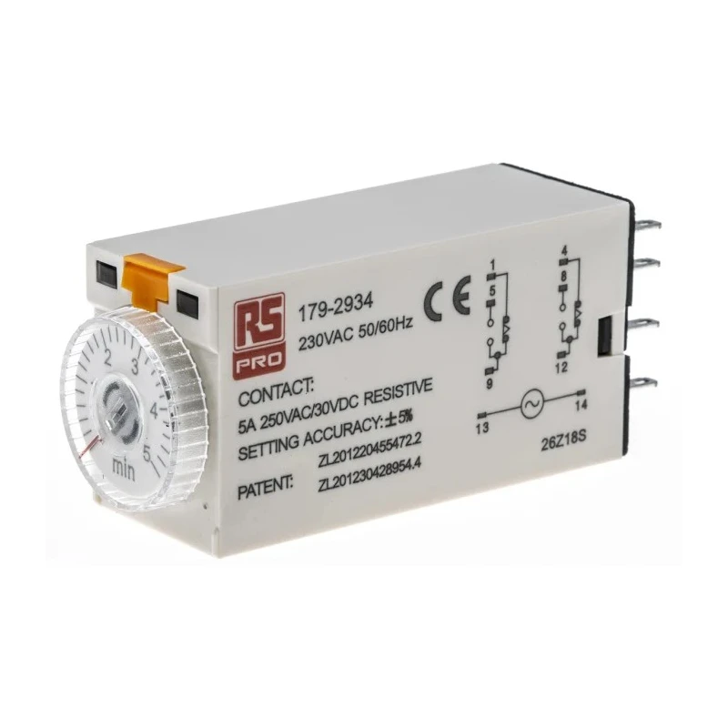 RS PRO Timer Relay 2-Contact DPDT Switch Configuration 230V AC 0.2 to 5 min ON Delay 179-2934