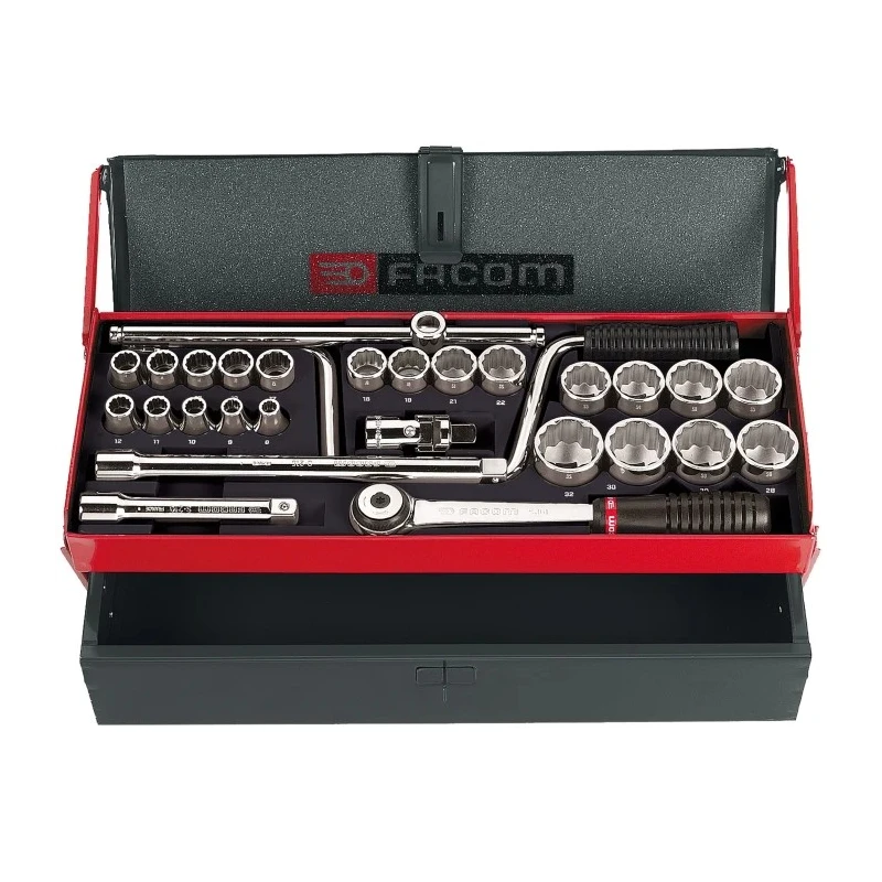 Facom 28-Piece 1/2 in 12 Point Socket Set Chrome Vanadium Steel Bright Chrome Finish S.442EP