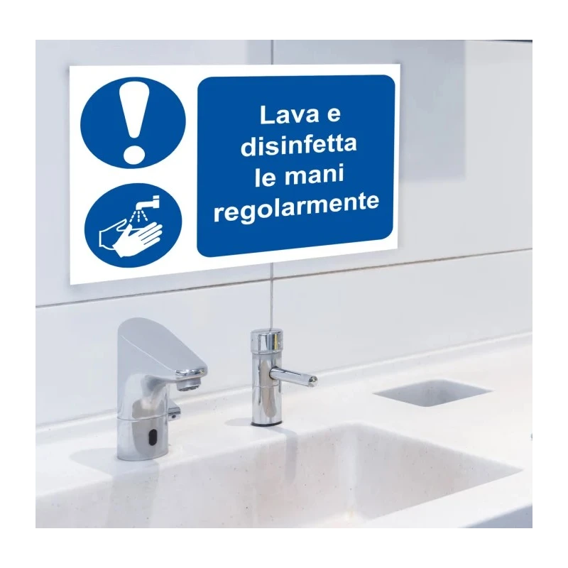 RS PRO Polyvinyl Chloride Mandatory Sign Lava e disinfetta le mani regorlamente with Italian Text 201-3343