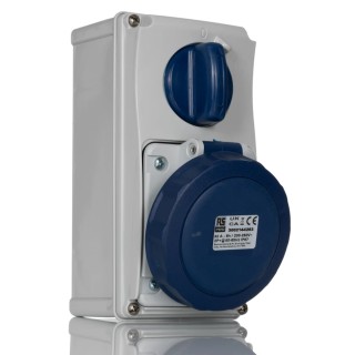 RS PRO Wall Mount Industrial Power Connector 2P+T, Rated At 32A, 230V, IP67 Blue IP67