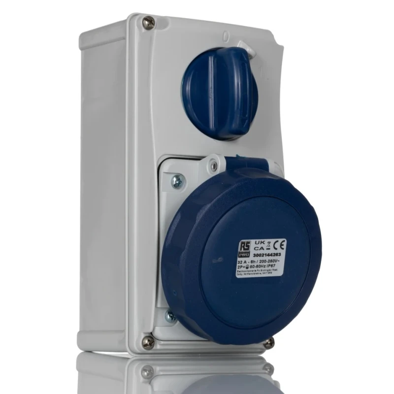 RS PRO Wall Mount Industrial Power Connector 2P+T, Rated At 32A, 230V, IP67 Blue IP67