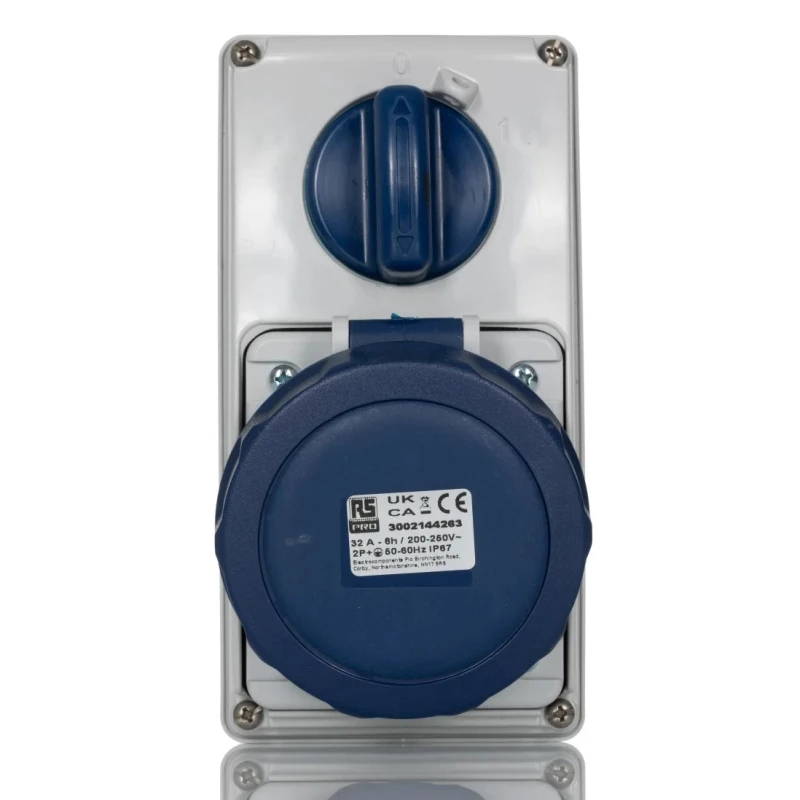 RS PRO Wall Mount Industrial Power Connector 2P+T, Rated At 32A, 230V, IP67 Blue IP67