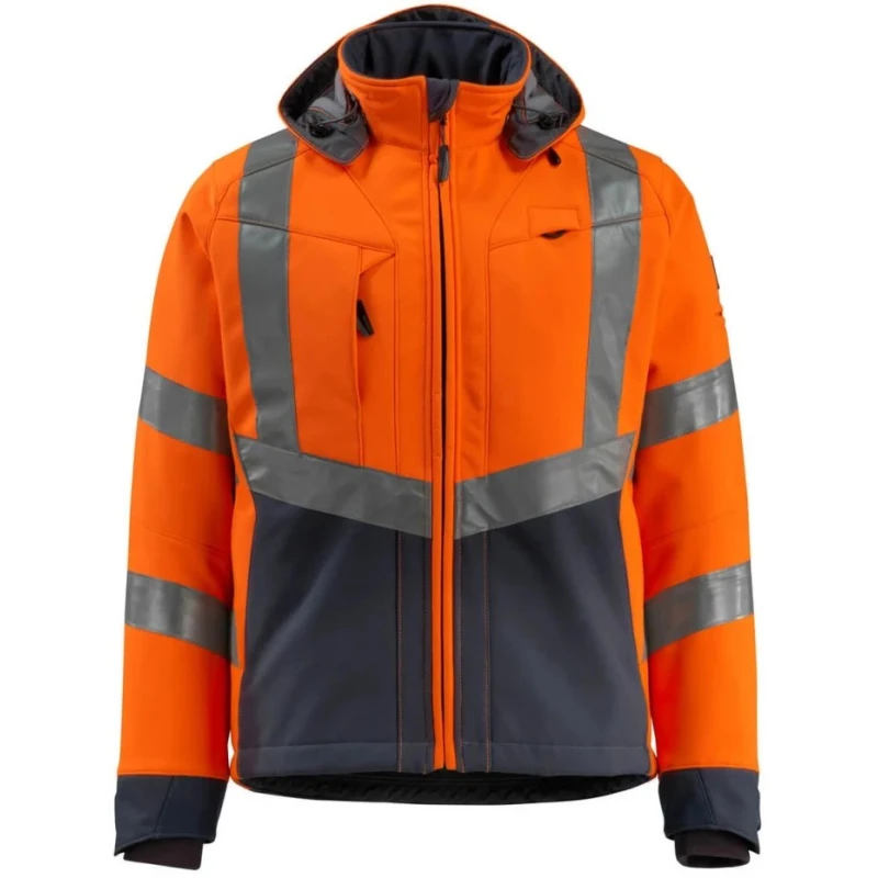 Mascot Workwear Men's Hi Vis Softshell Jacket Orange Navy Size L Water Repellent EN ISO 20471 Class 3 15502-246-14010 L