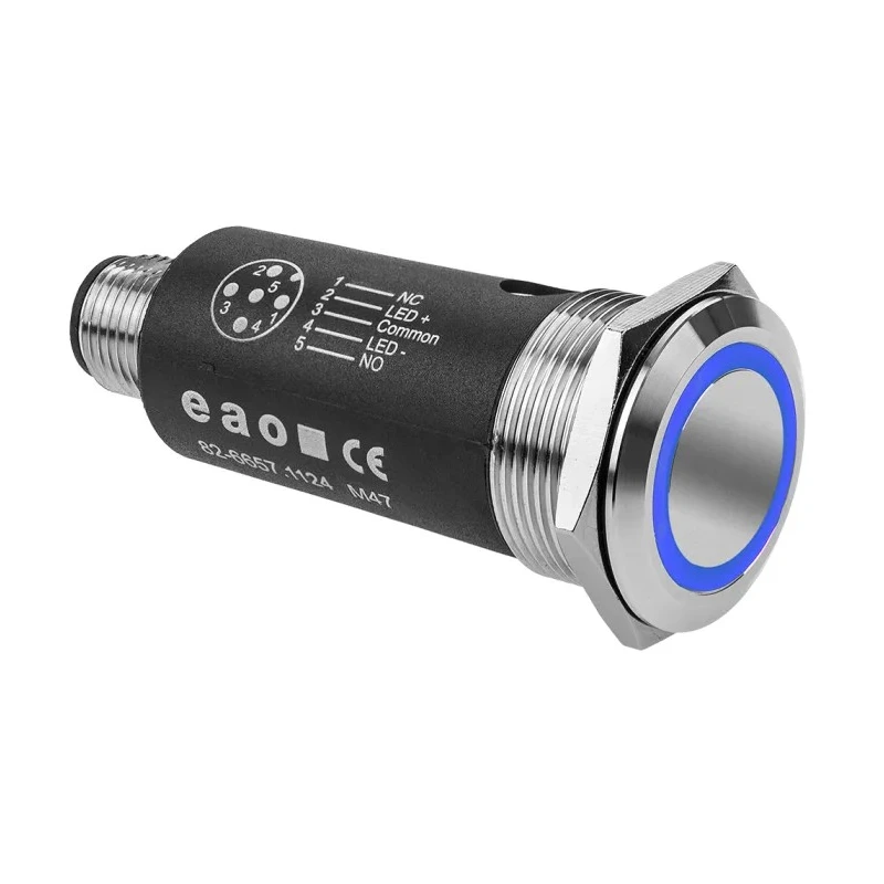 EAO Illuminated Push Button SPDT Latching Panel Mount 22 mm Cutout Blue LED IP65 IP67 35V dc 82-6657.2124