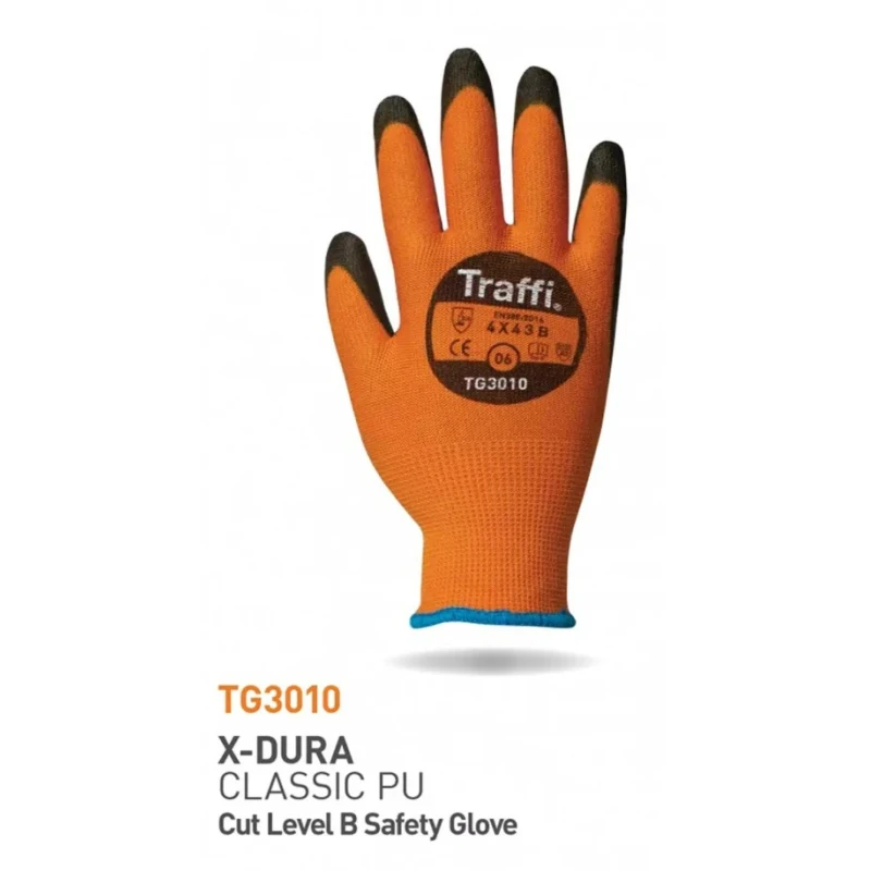 Traffi General Handling Gloves Black Orange Elastane HPPE Polyamide Size 9 Polyurethane Coating TG3010