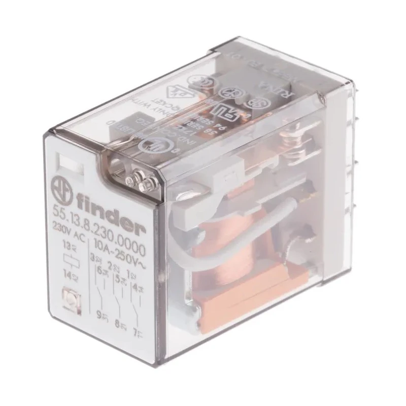 Finder 3PDT PCB Power Relay 230V AC Coil Voltage 10A Switching Current Silver Alloy Contacts 55.13.8.230.0000