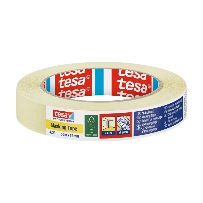Tesa Beige Professional 4323 Masking Tape 19mm Width 50m Length Paper Backing Natural Rubber Adhesive 04323-00040-01