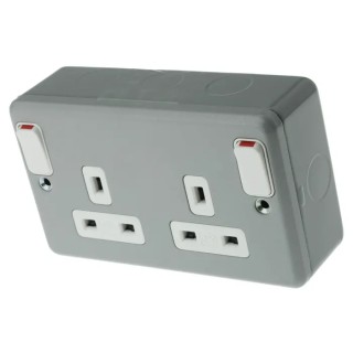 MK Electric 13A Grey 2 Gang Plug Socket Metalclad Plus Indoor Switched Type G British K2945 ALM