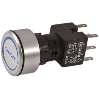APEM Illuminated Push Button Switch, Latching, Panel Mount, 16 mm Cutout, DPDT, Blue LED, IP65, 220 V AC A1PCA1X236J403
