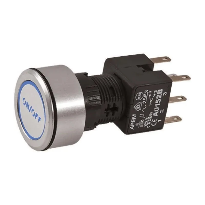 APEM Illuminated Push Button Switch, Latching, Panel Mount, 16 mm Cutout, DPDT, Blue LED, IP65, 220 V AC A1PCA1X236J403