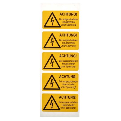 Idento Yellow Polyvinyl Chloride Safety Label ACHTUNG! Bei ausgeschaltetem Hauptschalter unter Spannung ESSW40052