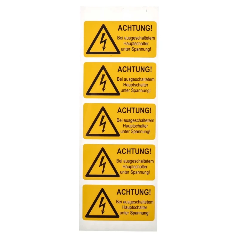 Idento Yellow Polyvinyl Chloride Safety Label ACHTUNG! Bei ausgeschaltetem Hauptschalter unter Spannung ESSW40052