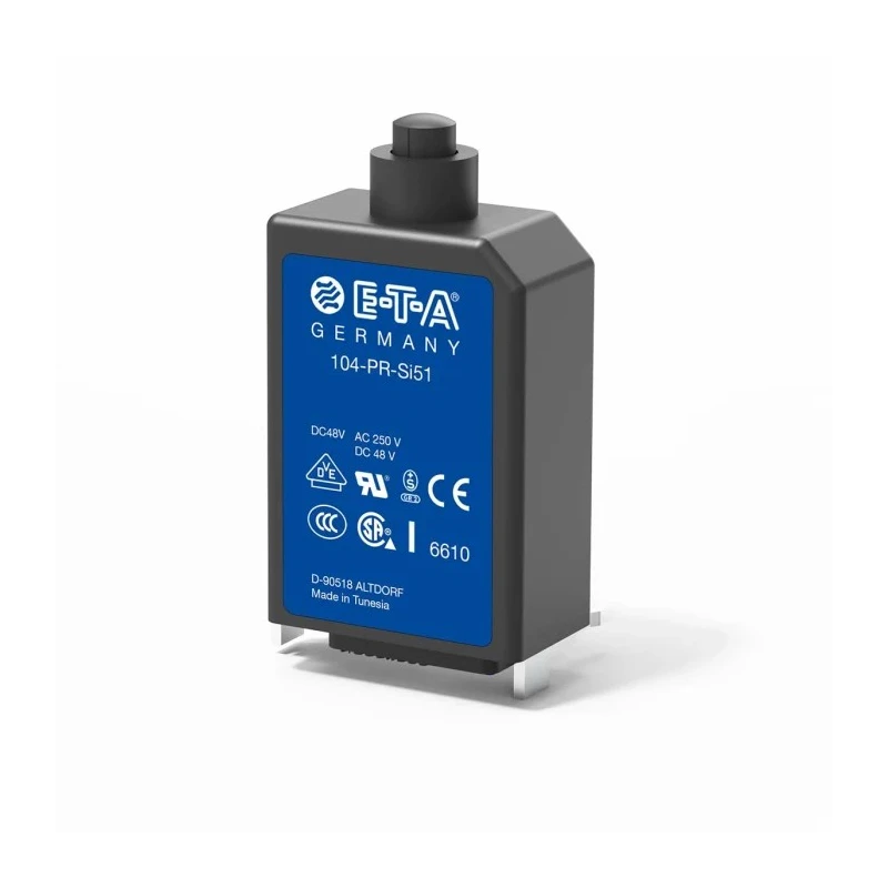 ETA 104-PR Thermal Circuit Breaker 800mA Current Rating 1-Pole Base, 240V AC, 48V DC, 25A Breaking Capacity 104-PR-0.8A