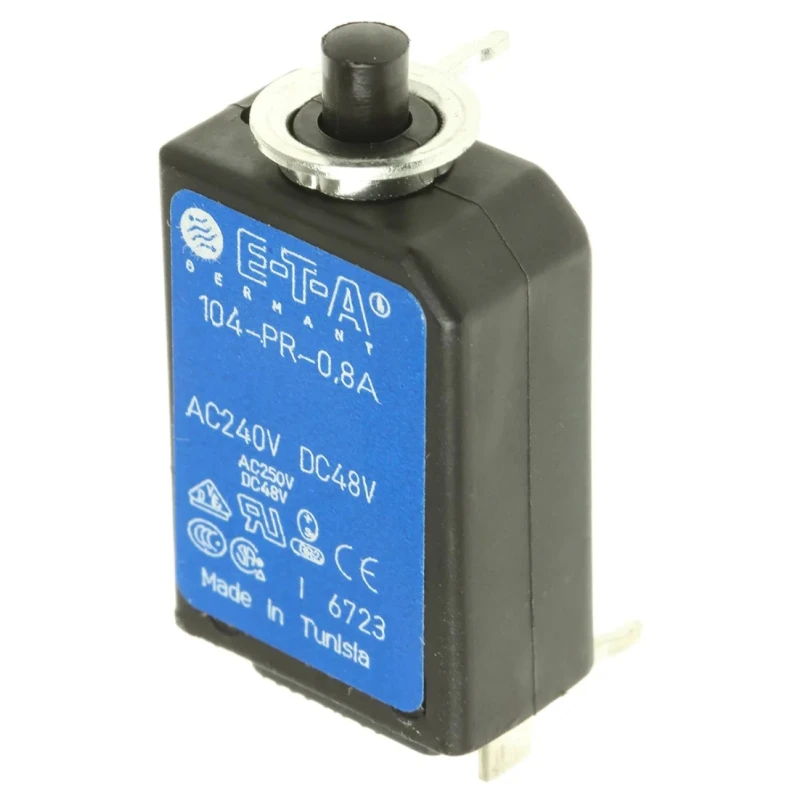 ETA 104-PR Thermal Circuit Breaker 800mA Current Rating 1-Pole Base, 240V AC, 48V DC, 25A Breaking Capacity 104-PR-0.8A