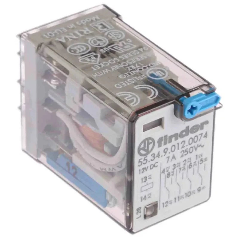Finder Power Relay 12V DC Coil 7A Switching Current 4PDT Contact Configuration Model 55.34.9.012.0074
