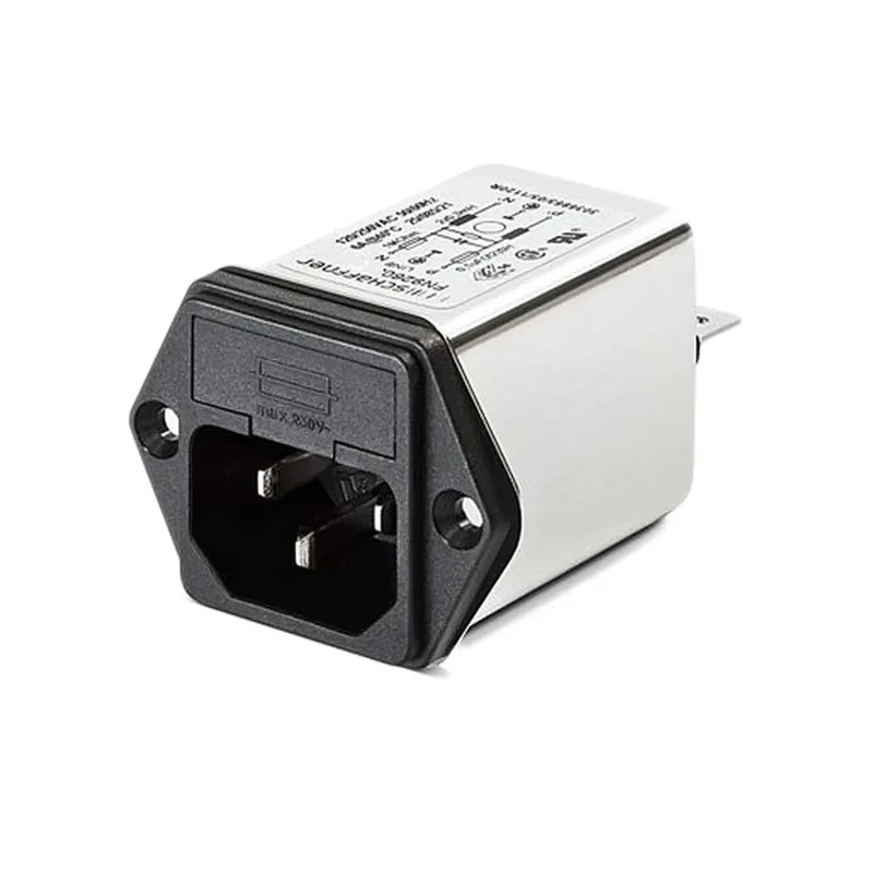 Schaffner 250V AC 10A Flange IEC C14 Male Connector Filter with 2 Fuses Faston Termination FN9260-10-06