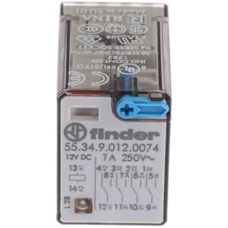 Finder Power Relay 12V DC Coil 7A Switching Current 4PDT Contact Configuration Model 55.34.9.012.0074