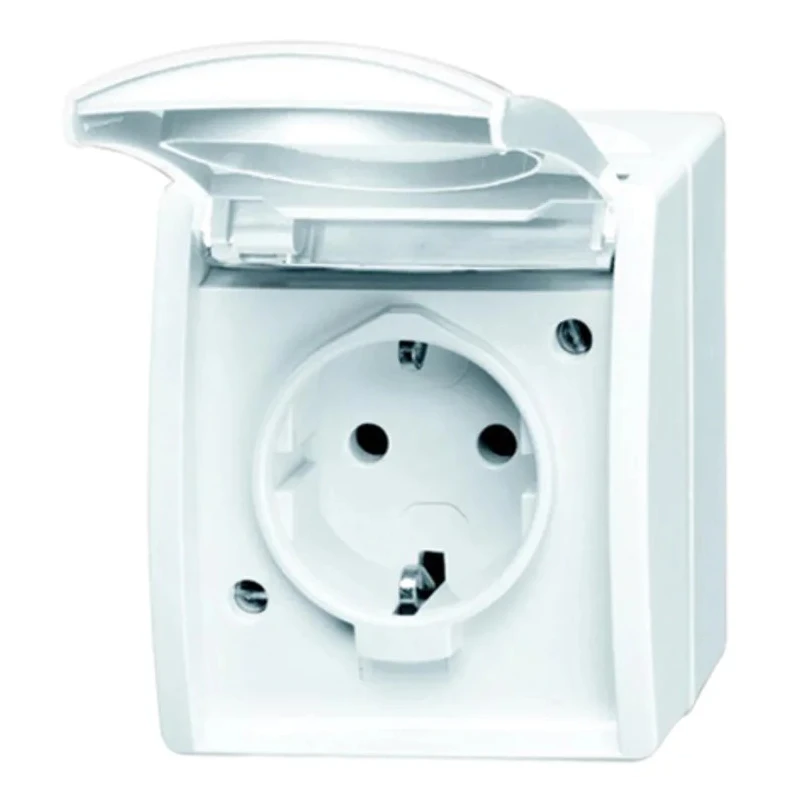 Busch Jaeger - ABB 16A White 1 Gang Plug Socket Outdoor Surface Mount Type F 20 EW-54